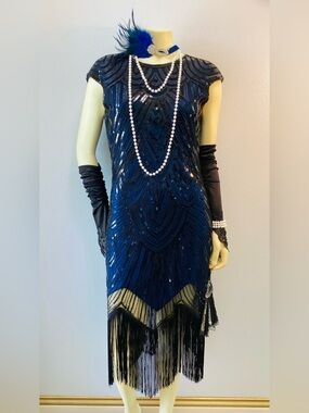 Vintage-Inspired Navy Beaded Fringe Dress